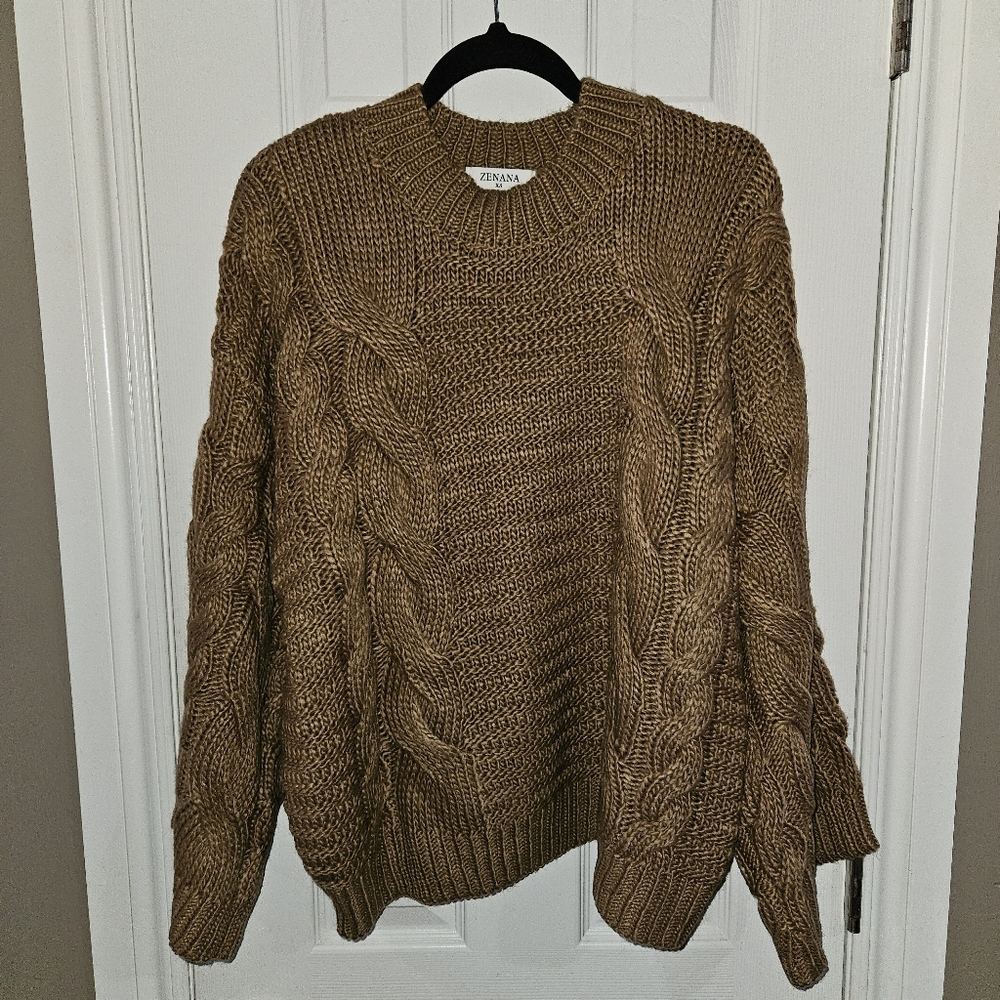 NEW! Cableknit Sweater Camel Tan Neutral Trendy Top Statement Sleeves - Picture 4 of 12